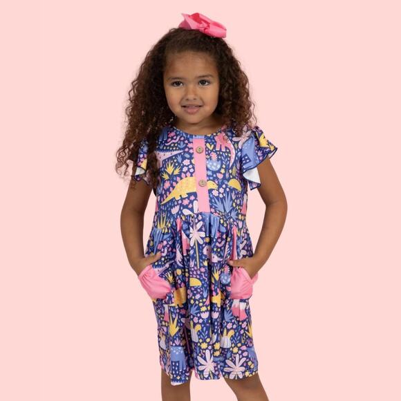 PETE + LUCY Darling Dinos Blue Ruffle Girls Boutique Dress NEW 4T Pockets - Picture 2 of 9